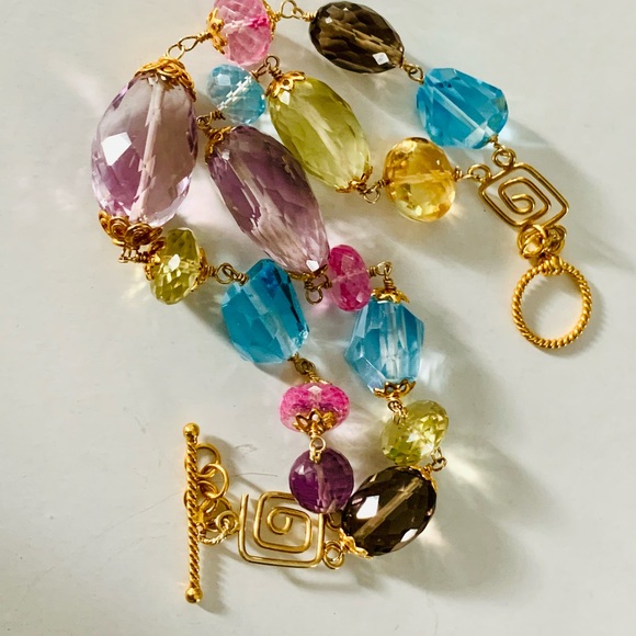 Multi Micro Faceted Big Gemstones Double Strand Bracelet Vermeil Sterling Silver - Picture 4 of 8